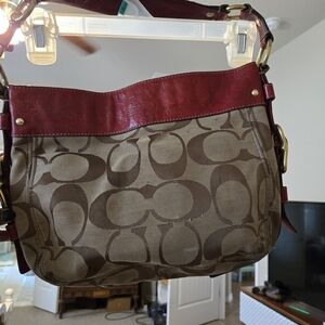 Coach Brown and Burgundy Signature Shoulder Bag